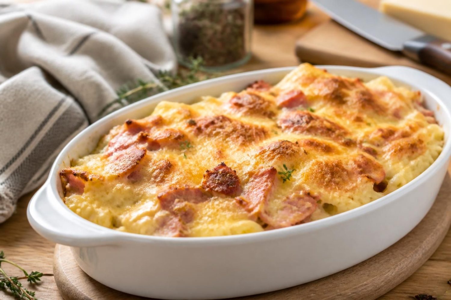 Préparer un gratin de pâtes moelleux : jambon, lardons ou thon